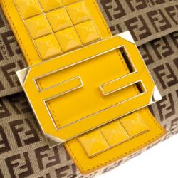 مملوكة مسبقًا Fendi Mahogany And Yellow Zucchino 'Mamma' Studded Shoulder Bag