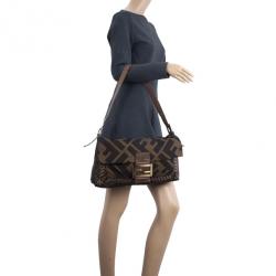 Pre Owned Fendi Brown Chain Zucca Baguette Flap Bag