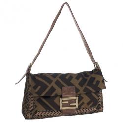 Pre Owned Fendi Brown Chain Zucca Baguette Flap Bag