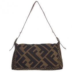 Pre Owned Fendi Brown Chain Zucca Baguette Flap Bag