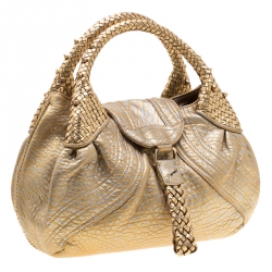 Pre Owned Fendi Gold Holographic Textured Leather Spy Bag