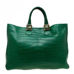 Pre Owned Fendi Green Crocodile Twins Shopper Tote
