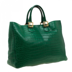 Pre Owned Fendi Green Crocodile Twins Shopper Tote
