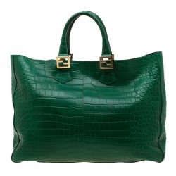 Pre Owned Fendi Green Crocodile Twins Shopper Tote