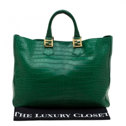 Pre Owned Fendi Green Crocodile Twins Shopper Tote