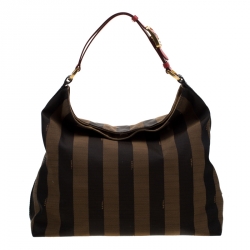 Pre Owned Fendi Tobacco/Red Canvas and Leather Large Pequin Striped Hobo
