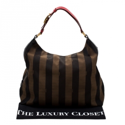 Pre Owned Fendi Tobacco/Red Canvas and Leather Large Pequin Striped Hobo