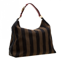 Pre Owned Fendi Tobacco/Red Canvas and Leather Large Pequin Striped Hobo