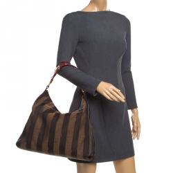 Pre Owned Fendi Tobacco/Red Canvas and Leather Large Pequin Striped Hobo