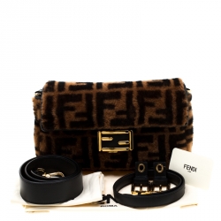 Pre Owned Fendi Brown Zucca Shearling and Leather Baguette Shoulder Bag