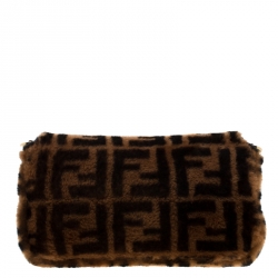 Pre Owned Fendi Brown Zucca Shearling and Leather Baguette Shoulder Bag