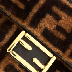 Pre Owned Fendi Brown Zucca Shearling and Leather Baguette Shoulder Bag