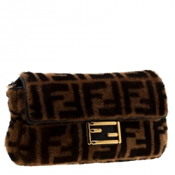 Pre Owned Fendi Brown Zucca Shearling and Leather Baguette Shoulder Bag