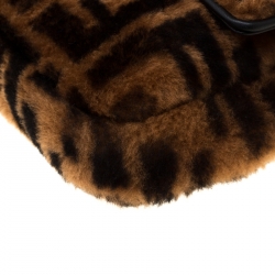 Pre Owned Fendi Brown Zucca Shearling and Leather Baguette Shoulder Bag