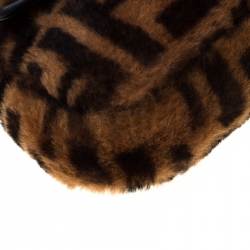 Pre Owned Fendi Brown Zucca Shearling and Leather Baguette Shoulder Bag