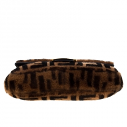 Pre Owned Fendi Brown Zucca Shearling and Leather Baguette Shoulder Bag