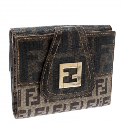 Pre Owned Fendi Beige/Brown Zucca Coated Canvas Compact Wallet