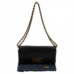 Pre Owned Fendi Black Leather Pequin Tonal Strip Shoulder Bag