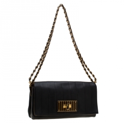 Pre Owned Fendi Black Leather Pequin Tonal Strip Shoulder Bag