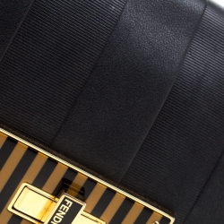 Pre Owned Fendi Black Leather Pequin Tonal Strip Shoulder Bag