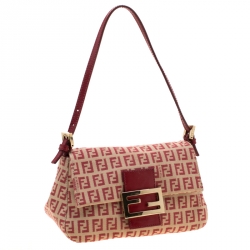 Pre Owned Fendi Red/Beige Canvas and Leather Mama Baguette Shoulder Bag