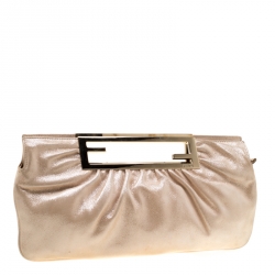 Pre Owned Fendi Metallic Beige Leather Cutout Handle Clutch