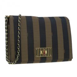 Pre Owned Fendi Brown Canvas Large Pequin Stripe Claudia Bag