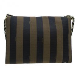 Pre Owned Fendi Brown Canvas Large Pequin Stripe Claudia Bag