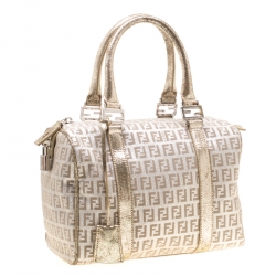 Pre Owned Fendi Gold Metallic Zucchino Canvas and Leather Small Forever Bauletto Boston Bag