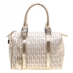 Pre Owned Fendi Gold Metallic Zucchino Canvas and Leather Small Forever Bauletto Boston Bag