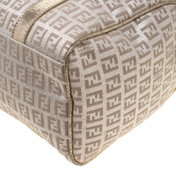 Pre Owned Fendi Gold Metallic Zucchino Canvas and Leather Small Forever Bauletto Boston Bag