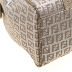Pre Owned Fendi Gold Metallic Zucchino Canvas and Leather Small Forever Bauletto Boston Bag