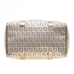 Pre Owned Fendi Gold Metallic Zucchino Canvas and Leather Small Forever Bauletto Boston Bag
