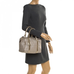 Pre Owned Fendi Gold Metallic Zucchino Canvas and Leather Small Forever Bauletto Boston Bag