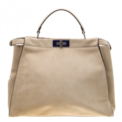 Pre Owned Fendi Beige Airbrushed Suede and Leather Large Peekaboo Top Handle Bag