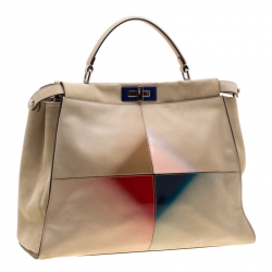 Pre Owned Fendi Beige Airbrushed Suede and Leather Large Peekaboo Top Handle Bag
