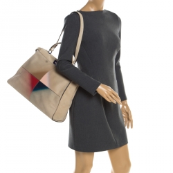 Pre Owned Fendi Beige Airbrushed Suede and Leather Large Peekaboo Top Handle Bag
