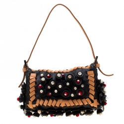 Fendi Black Embellished Micro Baguette Shoulder Bag