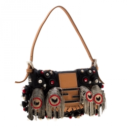 Fendi Black Embellished Micro Baguette Shoulder Bag