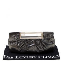 Pre Owned Fendi Grey Metallic Leather Cutout Handle Clutch