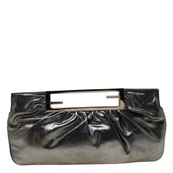 Pre Owned Fendi Grey Metallic Leather Cutout Handle Clutch