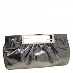 Pre Owned Fendi Grey Metallic Leather Cutout Handle Clutch