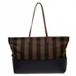 Pre Owned Fendi Tobacco/Blue Pequin Striped Canvas and Leather Roll Tote