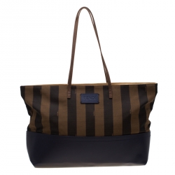 Pre Owned Fendi Tobacco/Blue Pequin Striped Canvas and Leather Roll Tote