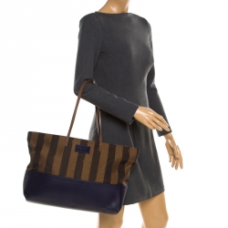 Pre Owned Fendi Tobacco/Blue Pequin Striped Canvas and Leather Roll Tote