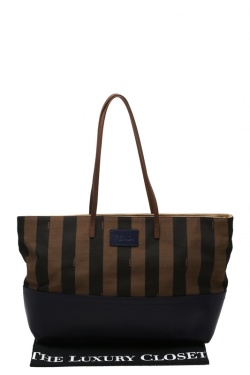 Pre Owned Fendi Tobacco/Blue Pequin Striped Canvas and Leather Roll Tote