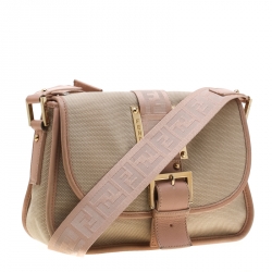 Pre Owned Fendi Beige/Pink Canvas Flap Crossbody Bag