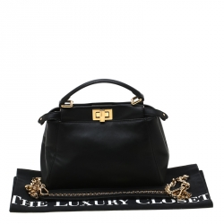 Pre Owned Fendi Black Leather Mini Peekaboo Top Handle Bag