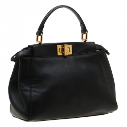 Pre Owned Fendi Black Leather Mini Peekaboo Top Handle Bag