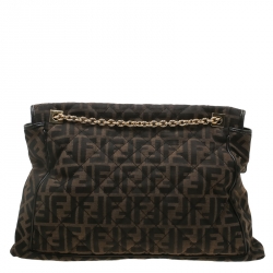 Pre Owned Fendi Tobacco Zucca Canvas Maxi Baguette Flap Shoulder Bag